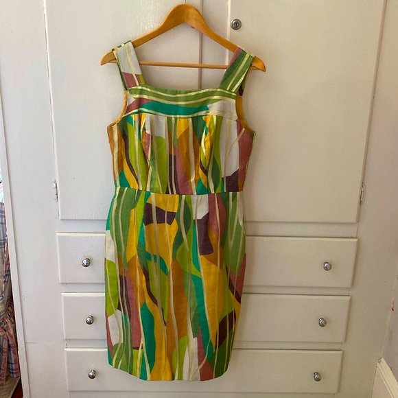 Kay Unger Linen Brown Green Yellow Sheath Cocktail Sleeveless Dress Size 10 - Picture 1 of 3